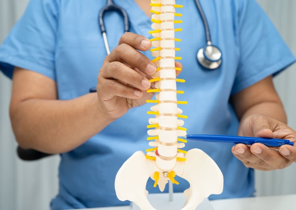 A chiropractor in Petaling Jaya using a spine model to explain Sciatica treatment.