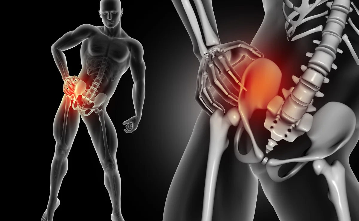 A 3d anatomical model of a person experiencing hip pain.