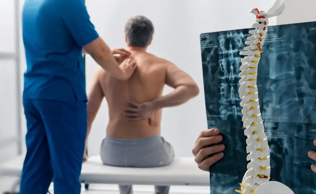 A patient getting a spine x-ray and checked.