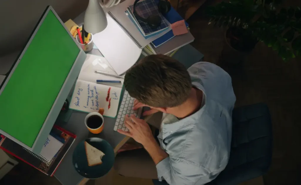 An office worker in his workstation working overtime.