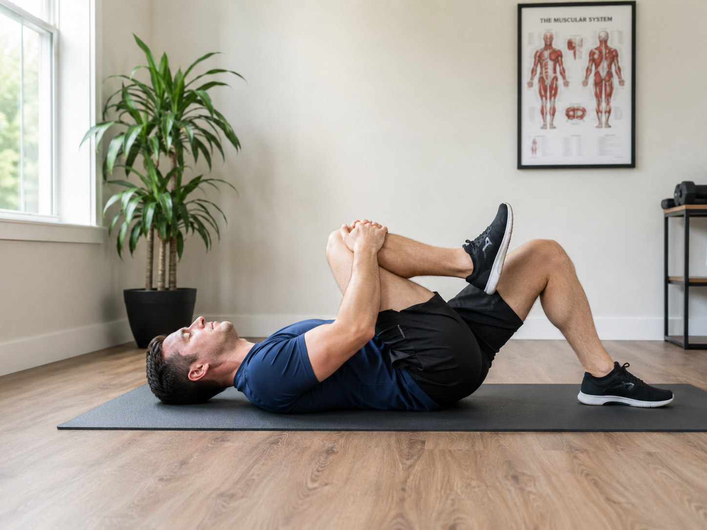 Person doing knee-to-chest stretch on exercise mat 