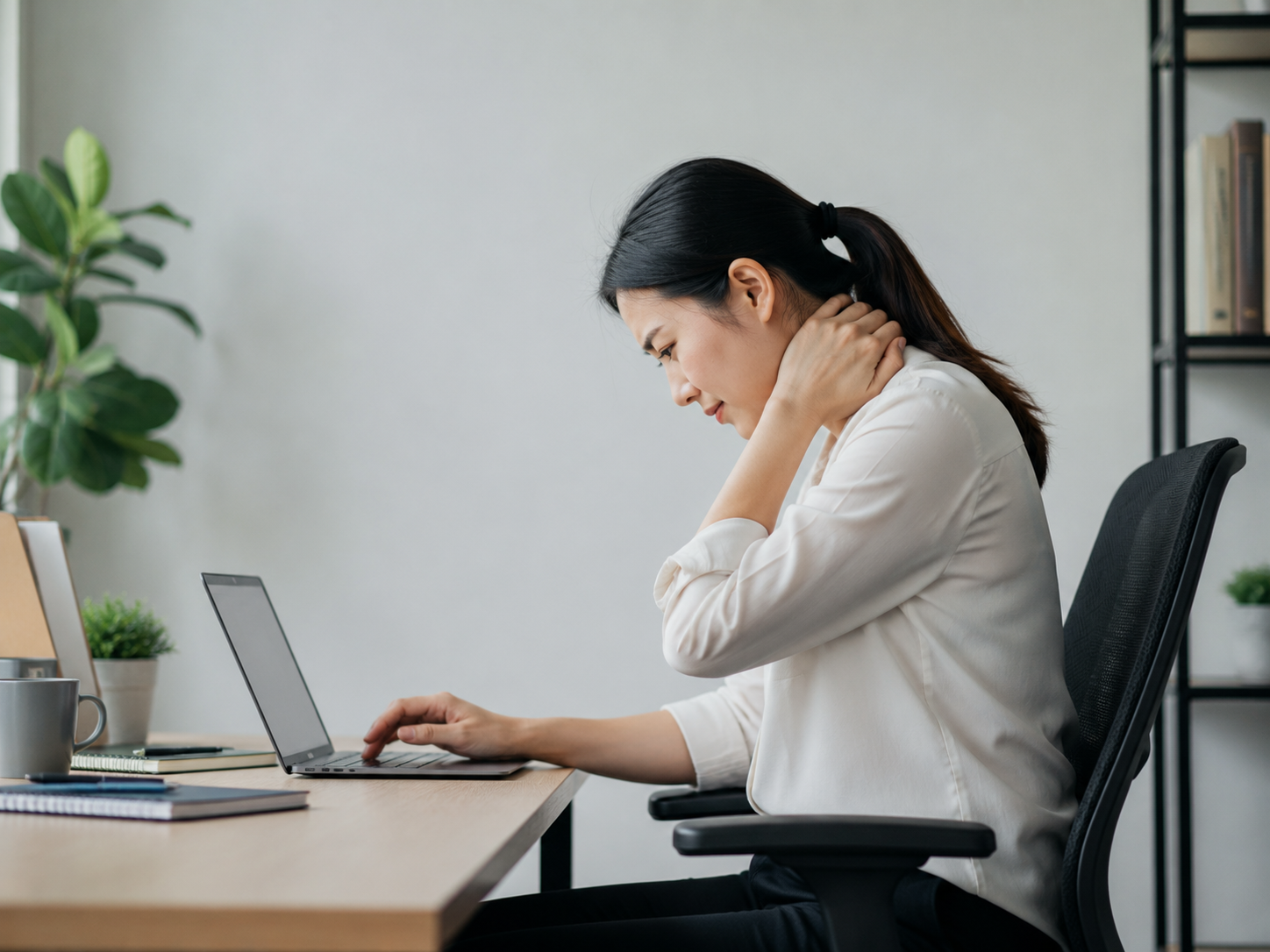 Office worker experiencing tech neck while using a laptop