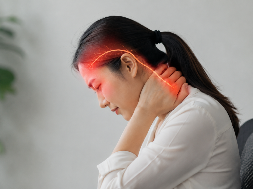 Illustration showing neck pain referring towards the head and temple