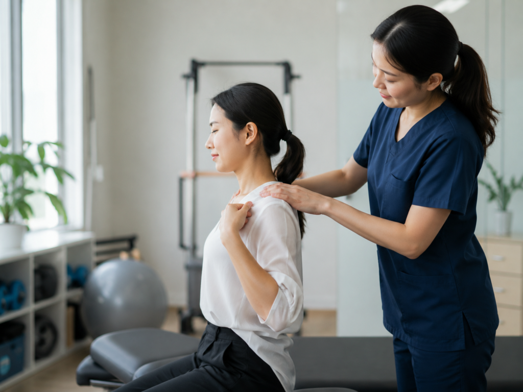 Neck Pain & Headaches: The Complete KL Guide (Tech Neck Edition) 4 Physiotherapist guiding a patient through neck strengthening exercises